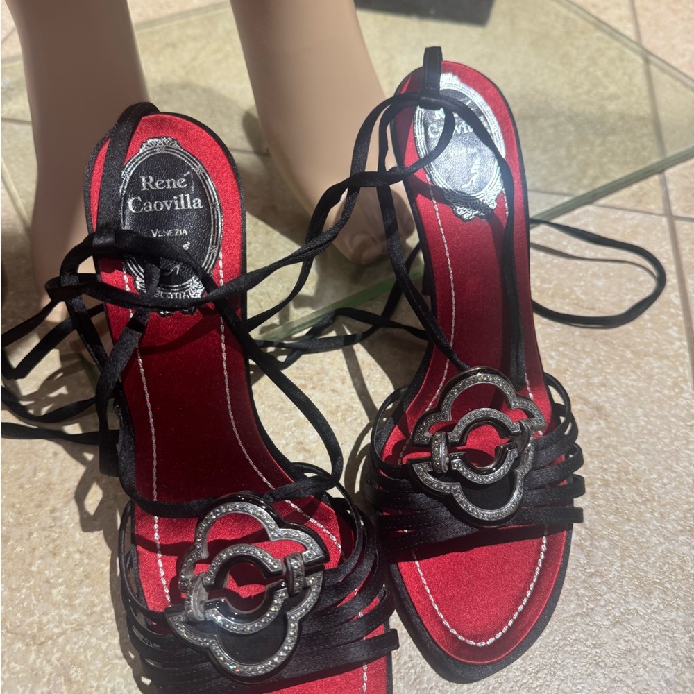 Rene Caovilla Black and Red Strappy Heels